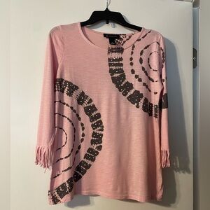 Macy’s I.N.C 3/4 Sleeve Pink with Brown Top with Fringe Sleeves Size Small